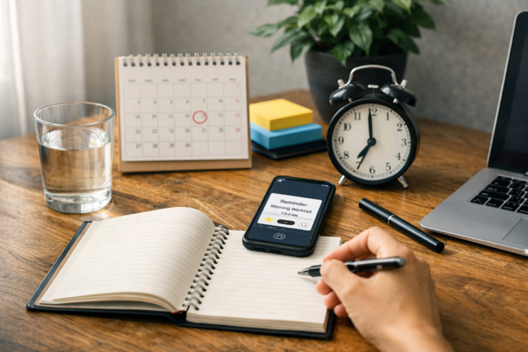 Mano escribiendo en un cuaderno junto a un calendario, un reloj y un recordatorio en el móvil para crear un hábito diario desde cero.