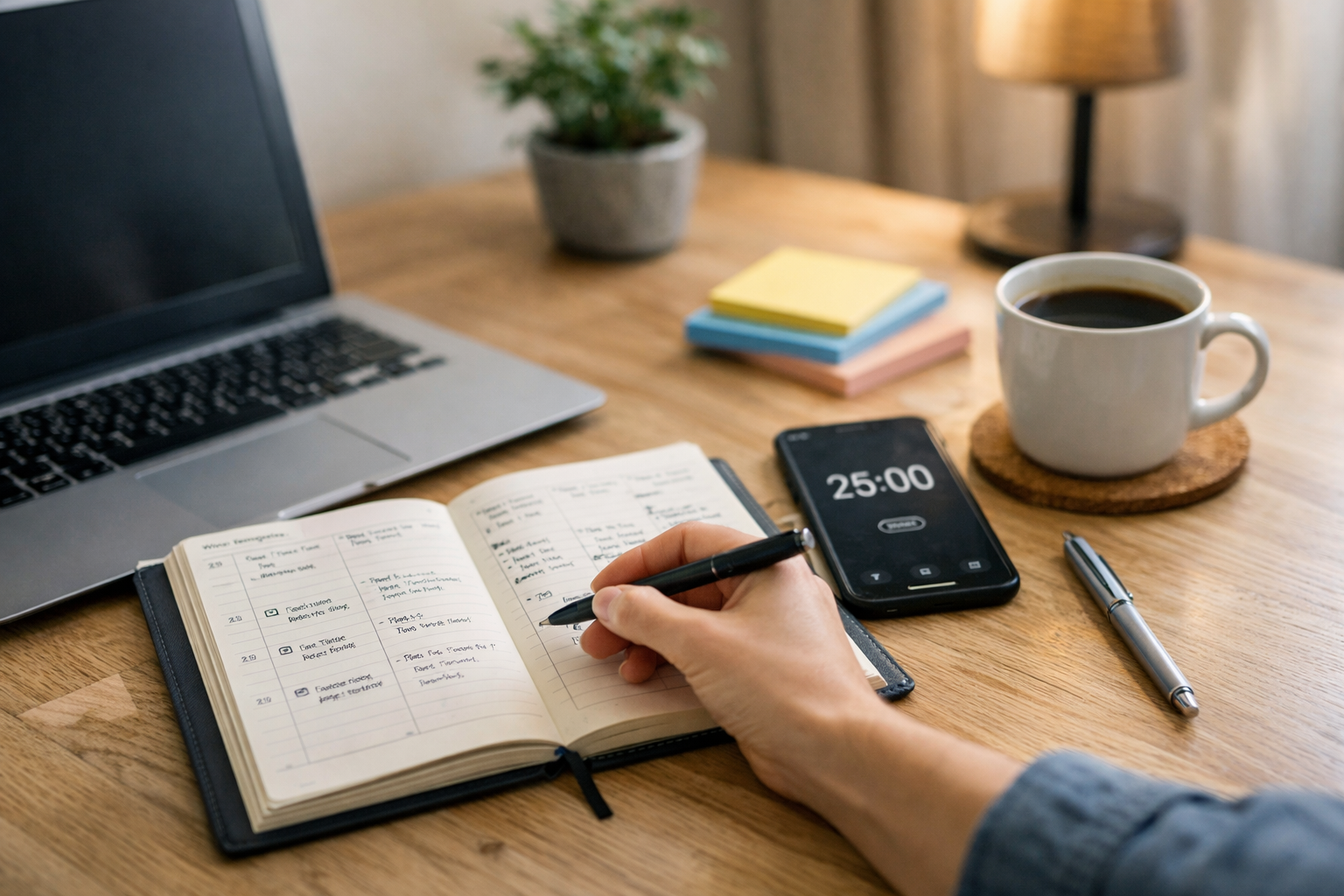 Escritorio con agenda, portátil, café y un móvil con temporizador, escena real de cómo organizar tu día para ser productivo.