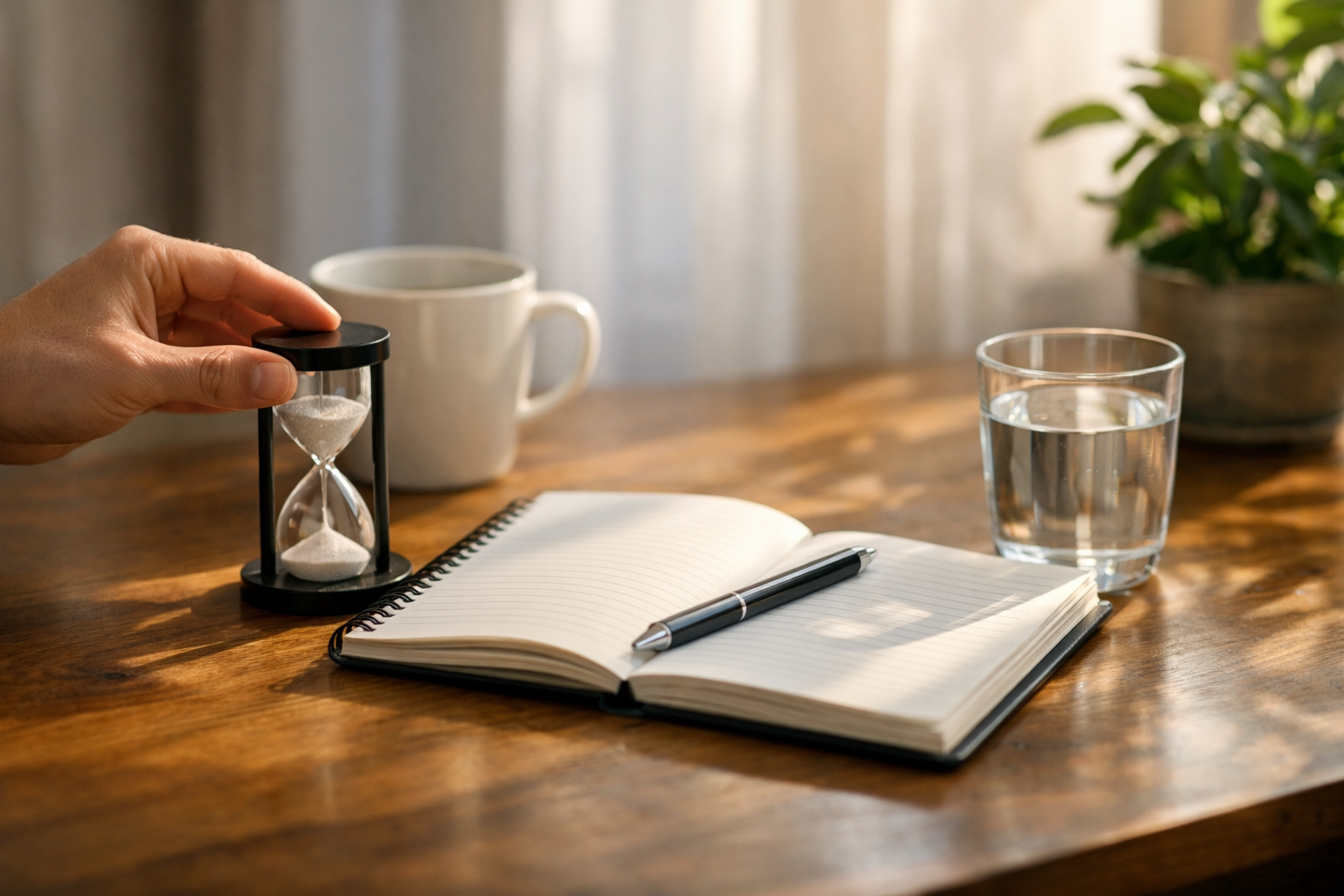Rutina de mañana en 10 minutos con reloj de arena, cuaderno y vaso de agua en una mesa con luz natural