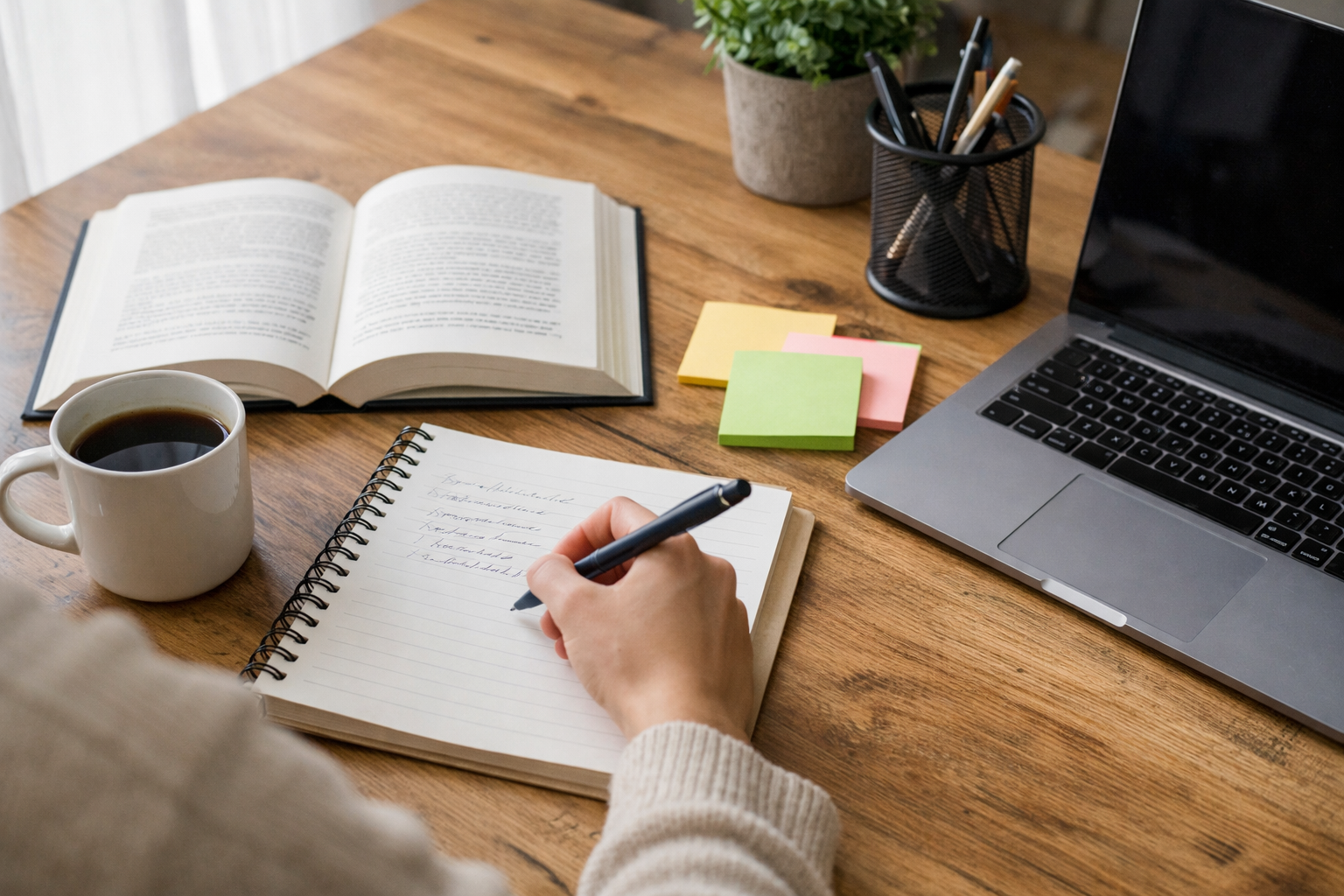 Persona escribiendo un plan de aprendizaje en una libreta para desarrollar una mentalidad de crecimiento, con libro abierto, notas adhesivas y portátil en un escritorio con luz natural.