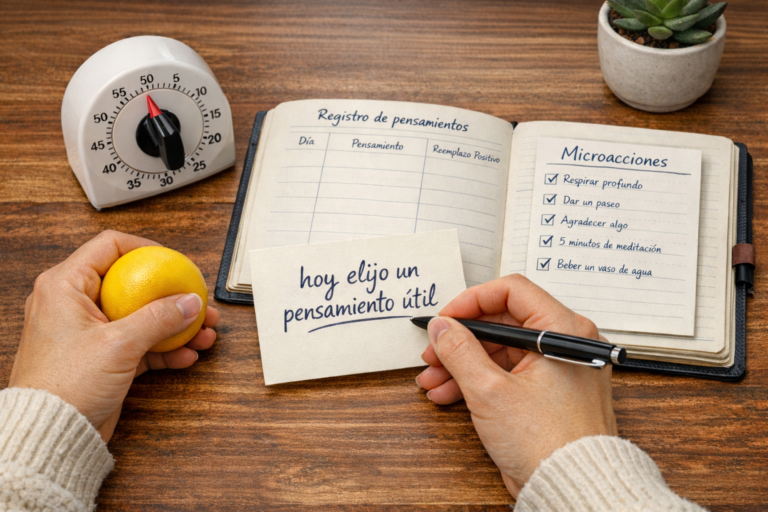 Persona en casa escribiendo en una tarjeta “hoy elijo un pensamiento útil” para cambiar la mentalidad negativa y dejar el autosabotaje, con un temporizador de cocina, una pelota antiestrés, un cuaderno de registro y una lista de “microacciones”.