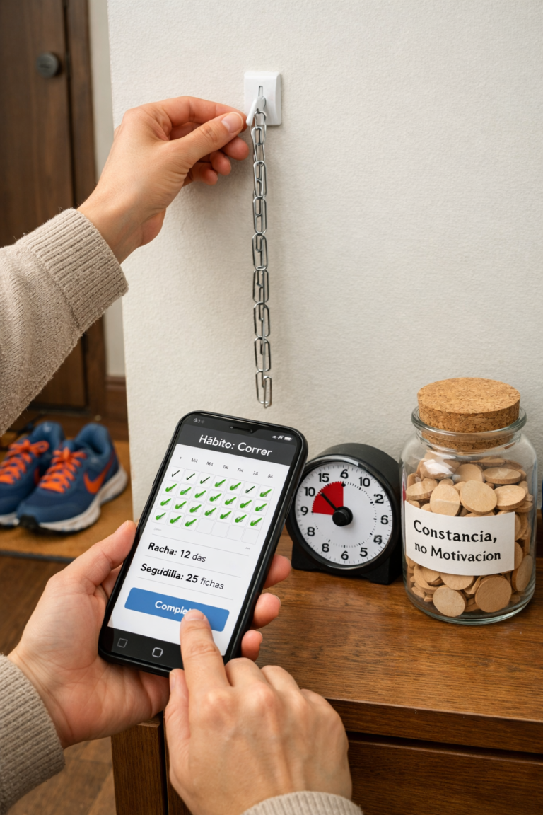 Persona colgando una cadena de clips de papel en un gancho de pared mientras marca un hábito en una app de seguimiento en el móvil, con zapatillas de correr junto a la puerta, un temporizador analógico y un tarro de fichas de madera para la constancia sin motivación.