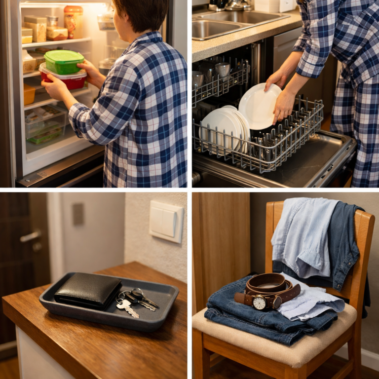 Persona en pijama cerrando la cocina tras una rutina nocturna en 5 minutos para dejarlo todo listo, guardando fiambreras en el frigorífico, metiendo platos en el lavavajillas, dejando una bandeja con llaves y cartera junto a la puerta, y colocando la ropa de mañana sobre una silla.