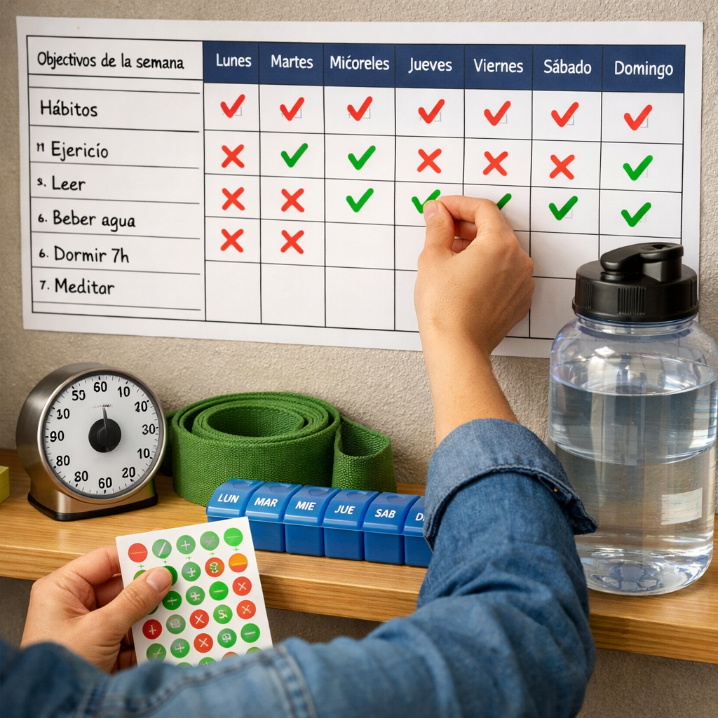 Persona pegando pegatinas de seguimiento en un calendario mural mientras prepara una rutina semanal de hábitos con un temporizador de cocina, una banda elástica de ejercicio, un pastillero y una botella de agua sobre una estantería.