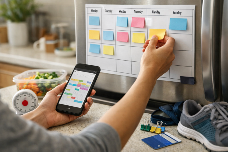 Persona organizando su semana en la cocina con calendario en el móvil y notas en un planificador; escena real de cómo organizar tu tiempo para ser más productivo.