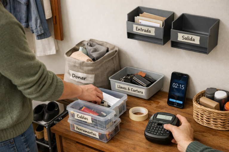Persona ordenando una mochila y una bandeja de entrada en casa, aplicando métodos de organización personal para personas desordenadas con etiquetas, temporizador y cajas transparentes.