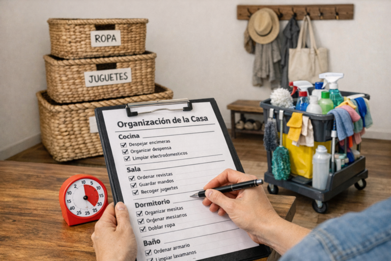 Persona tachando una checklist para organizar la casa por habitaciones, con cestas etiquetadas, un carrito de limpieza, un temporizador y un perchero de entrada al fondo.