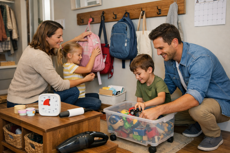 Plan semanal de organización del hogar para familias con niños organizando el recibidor: mochilas colgadas, caja con ruedas para juguetes, temporizador visual y aspiradora de mano.