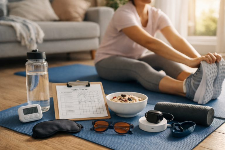 Crear hábitos saludables paso a paso en una rutina matinal con estiramientos, agua, temporizador y tracker de hábitos en casa.