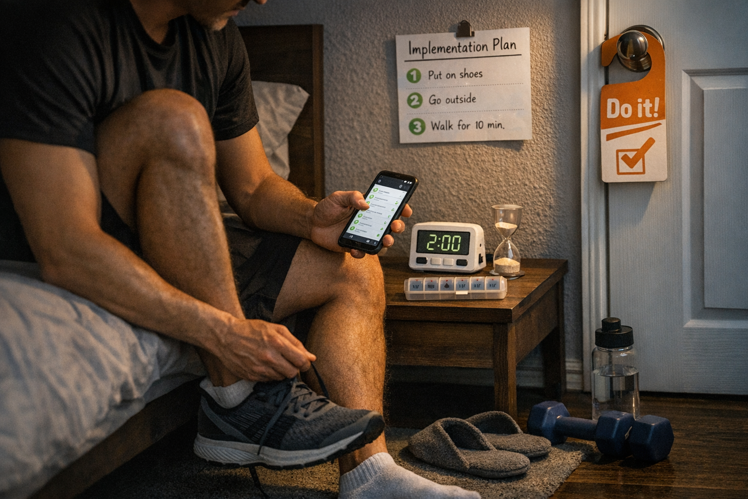 Persona iniciando una rutina mínima para mantener un hábito sin motivación con temporizador, móvil y recordatorios visibles.