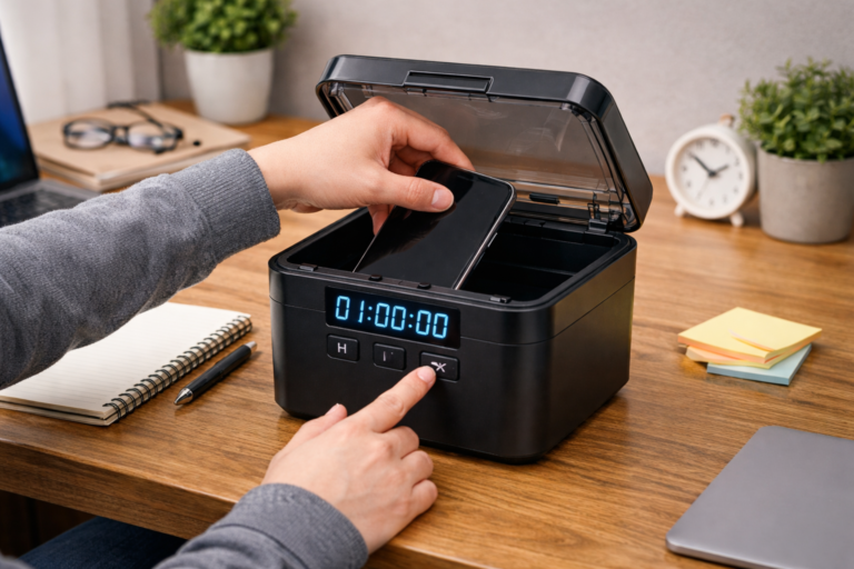Persona cerrando una caja con temporizador mientras guarda el móvil para dejar un mal hábito y mantener el foco sin recaer.